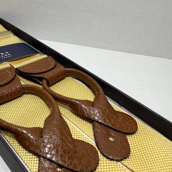 Brooks Brothers Gold Butter Yellow Leather Tabs Adjustable Suspenders New - Picture 5 of 5